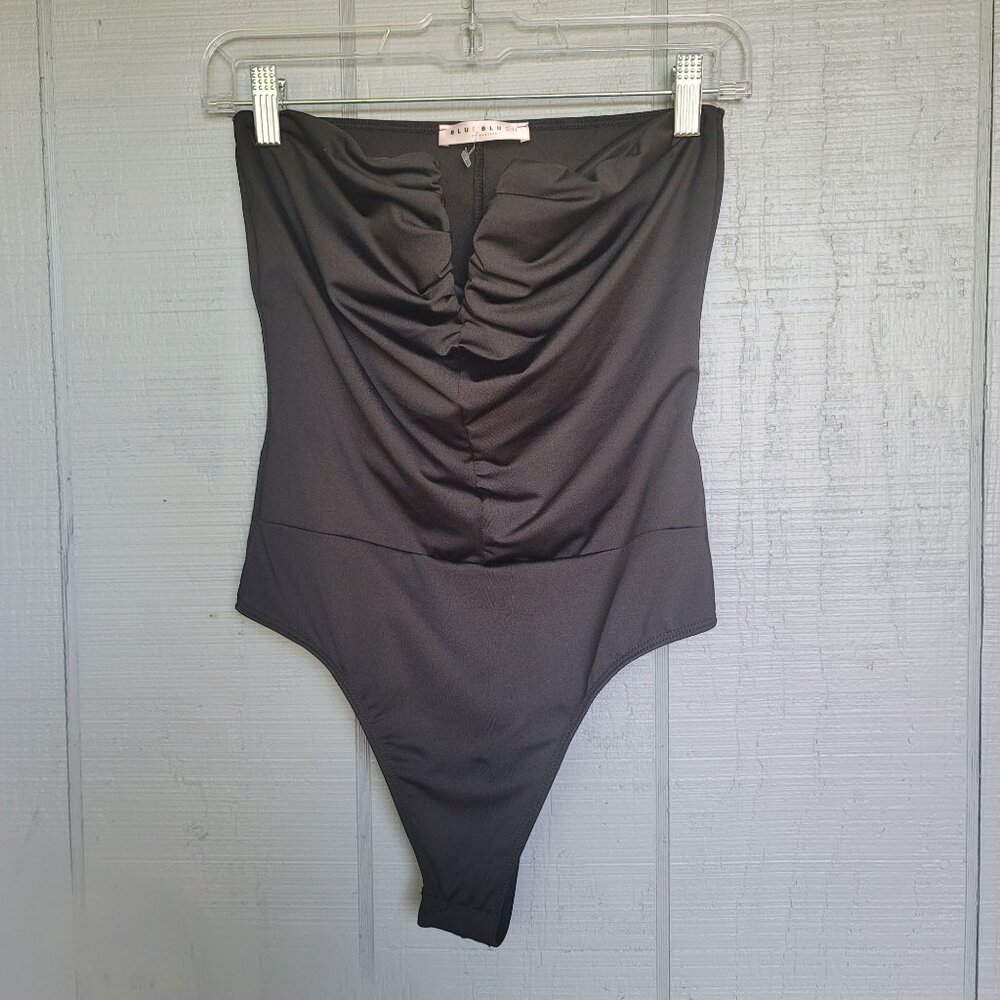 Blue Blush Black Strapless Wired Bodysuit. Size M